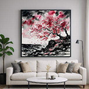 Affiche Sakura Côtière - Cerisiers en fleurs de style aqua