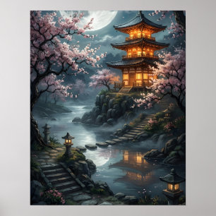 Affiche Sakura japonaise au clair de lune