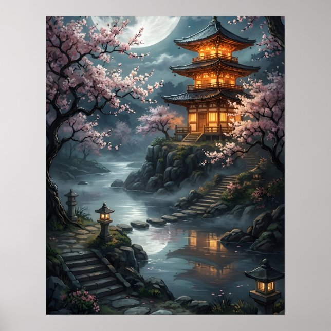 Affiche Sakura japonaise au clair de lune (Devant)