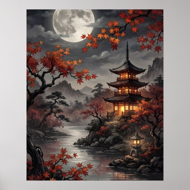 Affiche Sakura japonaise au clair de lune (Devant)