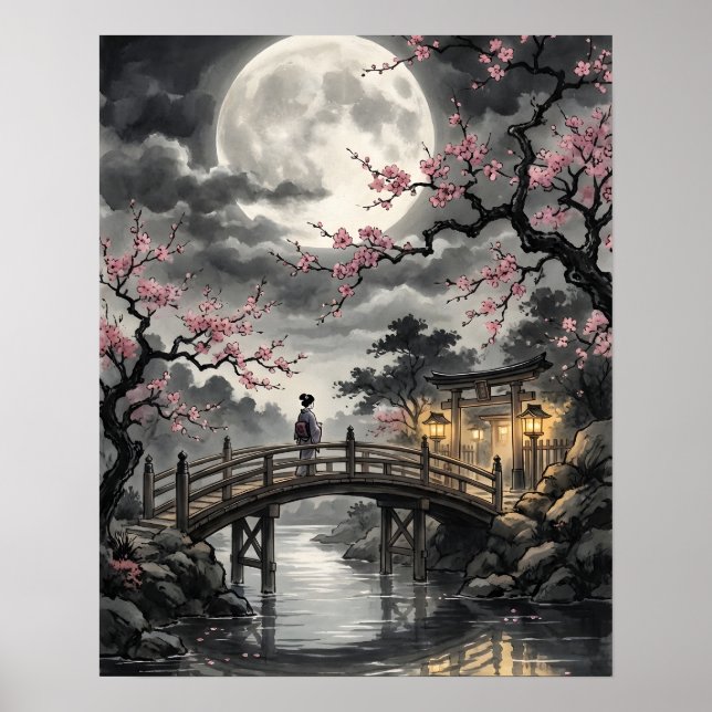 Affiche Sakura japonaise au clair de lune (Devant)