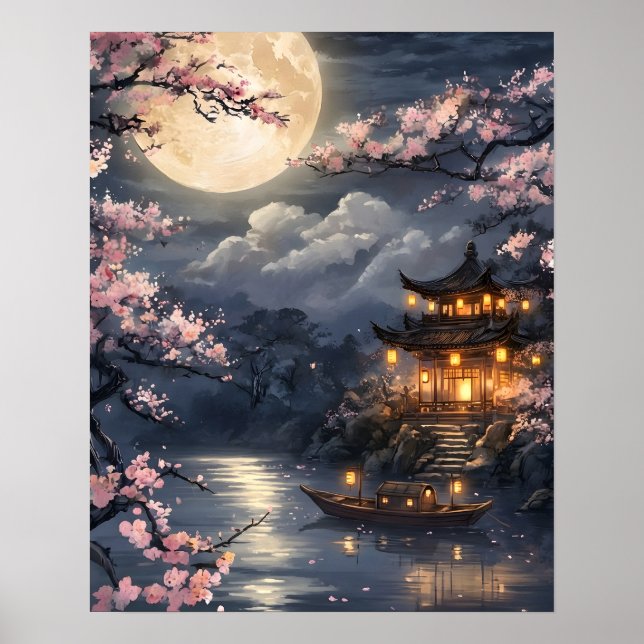 Affiche Sakura japonaise au clair de lune (Devant)