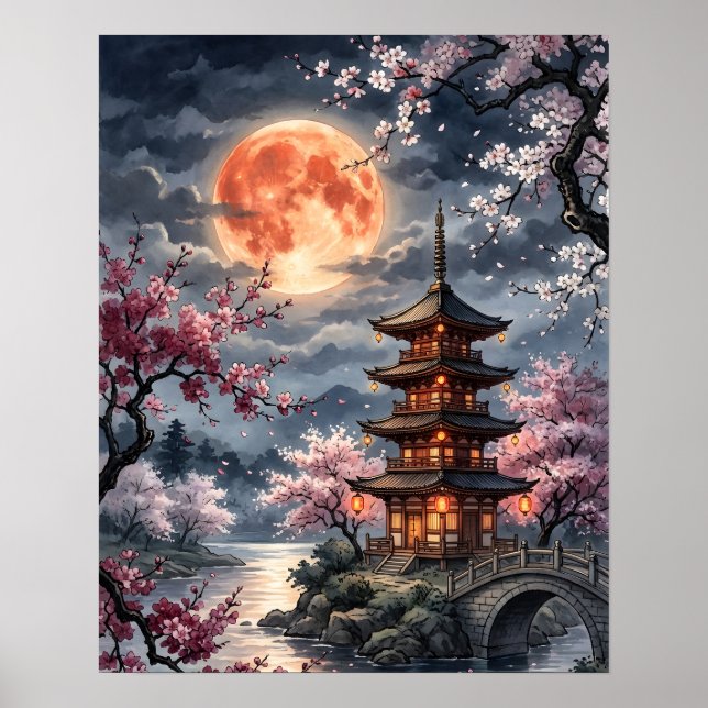 Affiche Sakura japonaise au clair de lune (Devant)