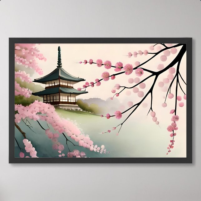 Affiche sakura peinture rose pagode japonaise construction (sakura painting pink japan pagoda building foggy)
