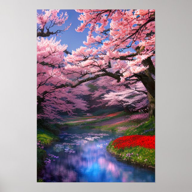 Affiche Sakura Trees Embrassez le ruisseau Calm (Devant)