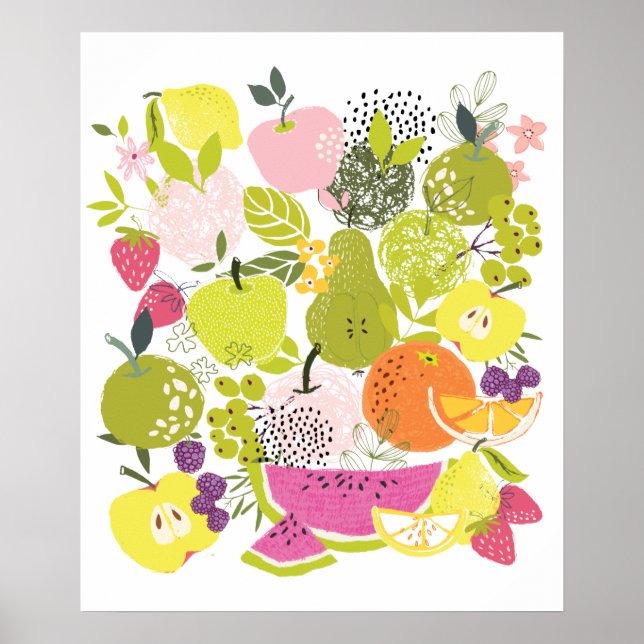 Affiche Salade de fruits; collage de fruits d'été (Devant)