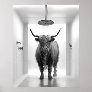Affiche Salle de bain avec douche Highland Cow Noir et bla