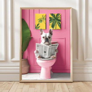 Affiche Salle de bain Bouledogue français blanc lisant sur