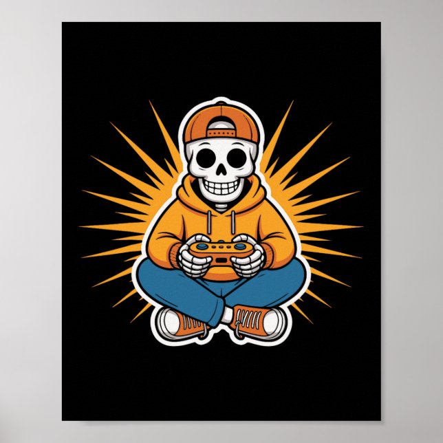 Affiche Salle de style de jeu vidéo drôle de squelette rét (Devant)