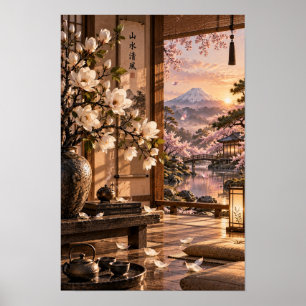 Affiche Salle de thé japonaise Mont Fuji Coucher de soleil
