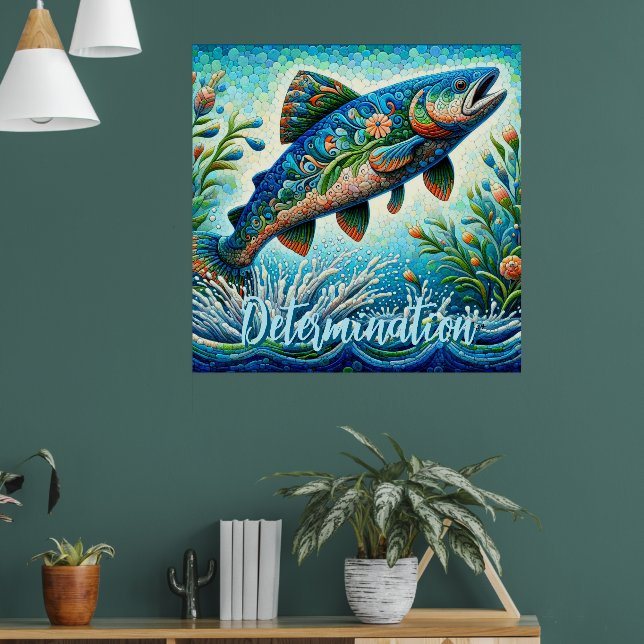 Affiche Salmon Jumping Mosaic Floral Blue Personalized (Salon 1)