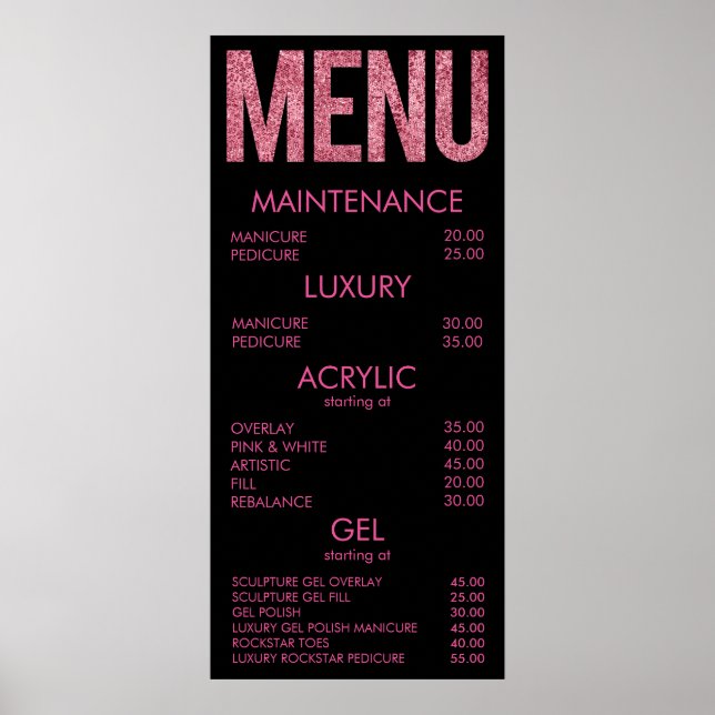Affiche Salon de Parties scintillant noir et rose Menu Pos (Devant)