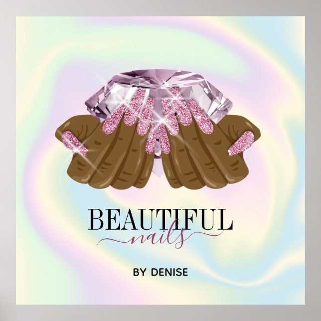 Affiche salon holographique ongle femme main nails technic (Devant)