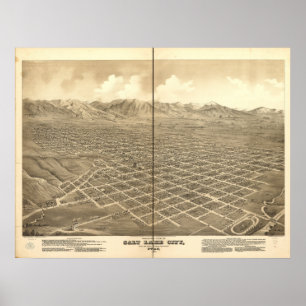 Affiche Salt Lake City Utah 1875 Carte panoramique antique