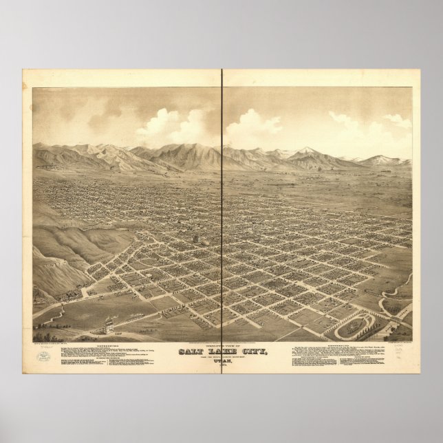 Affiche Salt Lake City Utah 1875 Carte panoramique antique (Devant)