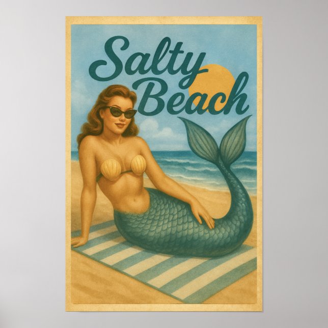 Affiche Salty Beach Pin-Up Mermaid -Retro Coastal Life Art (Devant)