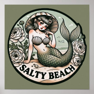 Affiche Salty Beach Sirène Humour Drôle Sirène