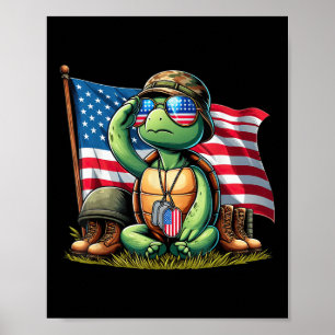 Affiche Saluer Turtle American Usa Drapeau Jour commémorat