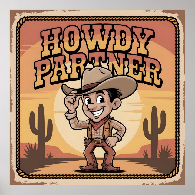 Affiche "Salut partenaire" Illustration rétro cowboy couch (Devant)