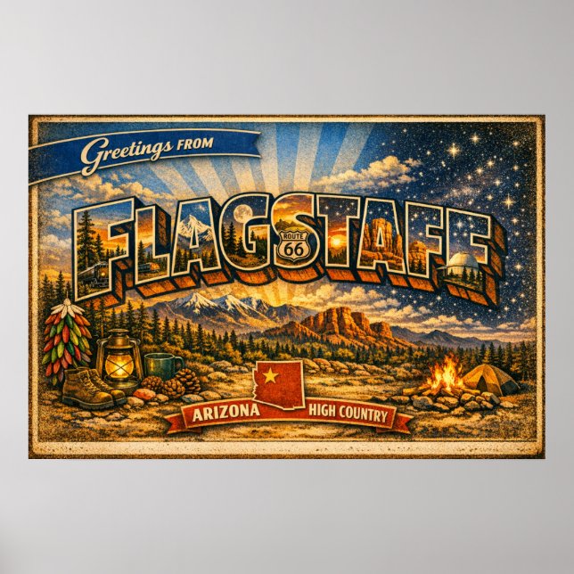 Affiche Salutations de Flagstaff Carte Postale Ancienne (Devant)