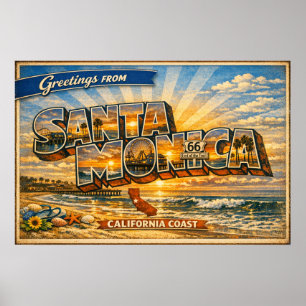 Affiche Salutations de Santa Monica Carte Postale Ancienne