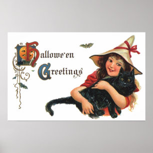 Affiche Salutations d'Halloween vintage, sorcière enfant a