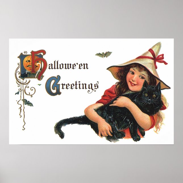 Affiche Salutations d'Halloween vintage, sorcière enfant a (Devant)