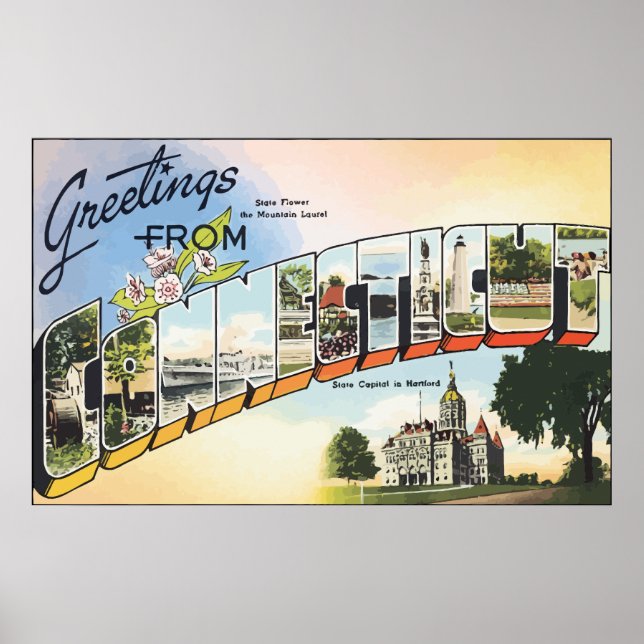 Affiche Salutations Du Connecticut, Vintage (Devant)