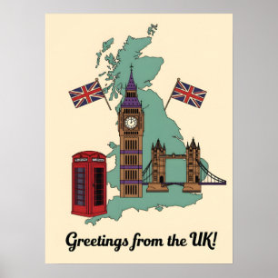 Affiche Salutations du Royaume-Uni British Landmarks Trave