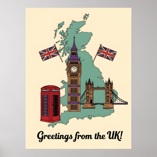 Affiche Salutations du Royaume-Uni British Landmarks Trave (Devant)