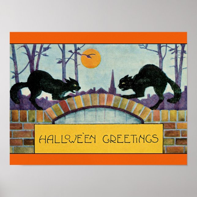 Affiche Salutations Halloween, Deux Chats Noirs, (Devant)