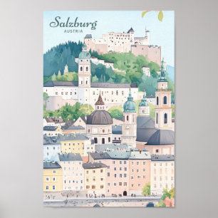 Affiche Salzbourg Autriche Gouache Peinture Illustration V