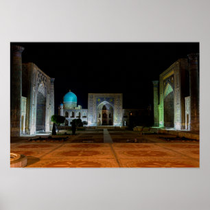 Affiche Samarkand, Ouzbékistan - carré Registan la nuit