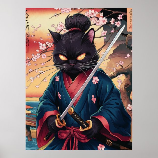 Affiche Samouraï chat noir drôle  (Devant)