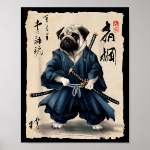 Affiche Samouraï Pug Anime Japonais Amoureux de Pug Drôle