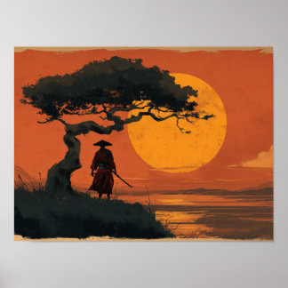 Affiche Samouraï sous l'arbre du coucher de soleil dans le
