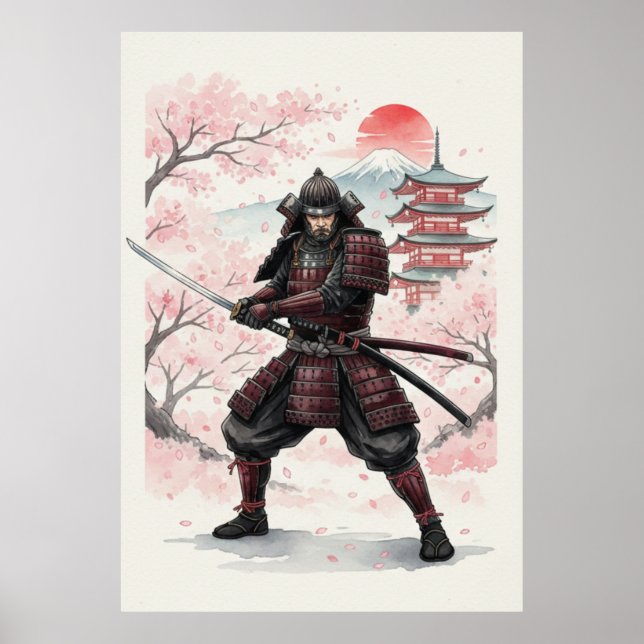 Affiche Samouraï sous le coucher de soleil des cerisiers e (Devant)