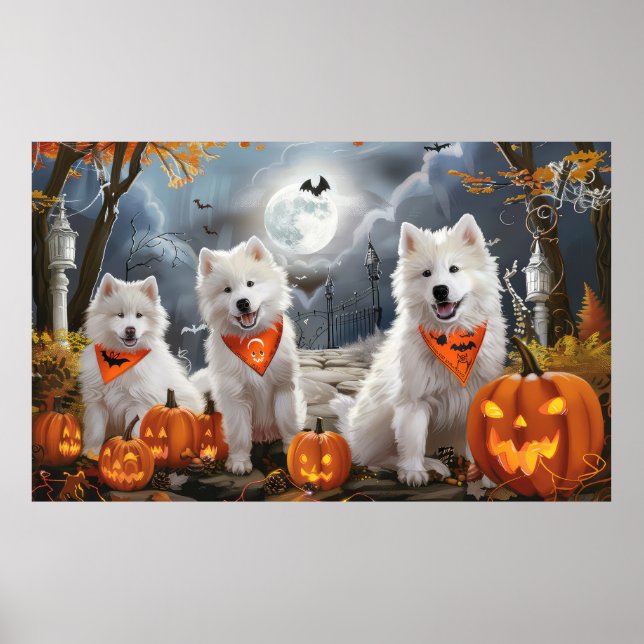 Affiche Samoyed Halloween Éffrayant (Devant)