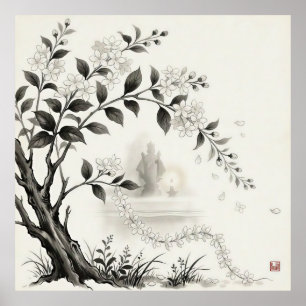 Affiche Sampaguita — Fleur Nationale Philippine Sumi-e