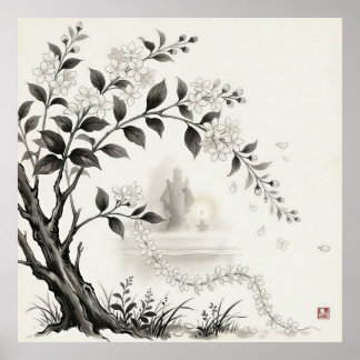 Affiche Sampaguita — Fleur Nationale Philippine Sumi-e