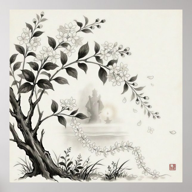 Affiche Sampaguita — Fleur Nationale Philippine Sumi-e (Devant)
