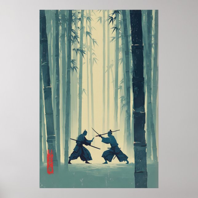 Affiche Samurai Bamboo Print Japanese Nature Art (Blue (Devant)