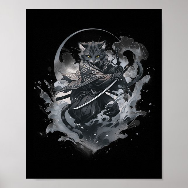 Affiche Samurai Chat Anime Japonais Ninja Guerrier Aesthét (Devant)