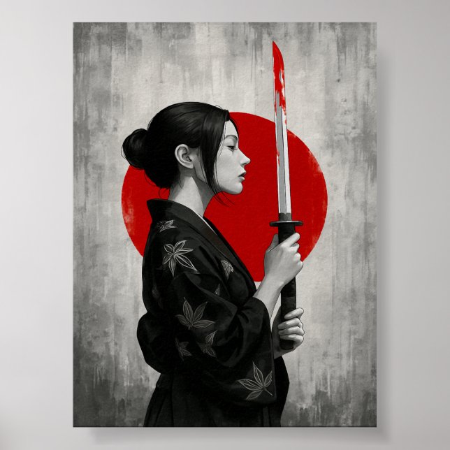 Affiche Samurai femme avec Katana devant le soleil rouge (Devant)