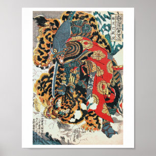 Affiche Samurai Fighting a Tiger, Kuniyoshi, Ukiyo-e