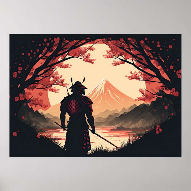 Affiche Samurai & Mt Fuji | Lune et cerise fleurs Ai Art (Devant)