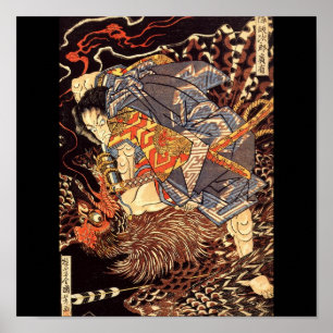 Affiche Samurai tuant Tengu/Peinture d'oiseaux, c. Années 