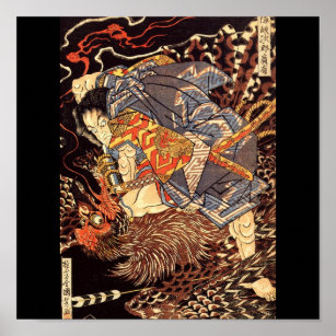 Affiche Samurai tuant Tengu/Peinture d'oiseaux, c. Années 