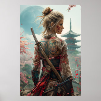 Affiche Samurai woman warrior with katana — Japanese cultu