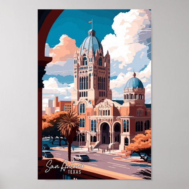 Affiche San Antonio Texas Art Vintage Travel Illustration (Devant)